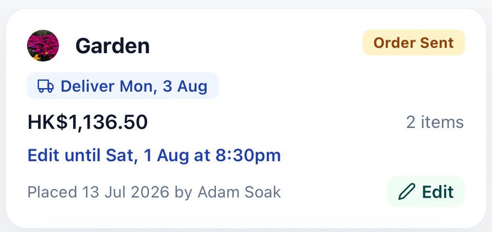 Buyer order card showing delivery date, edit deadline and order total