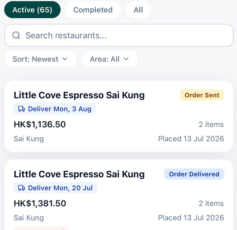 Supplier order queue with status badges, delivery chips and delivery areas